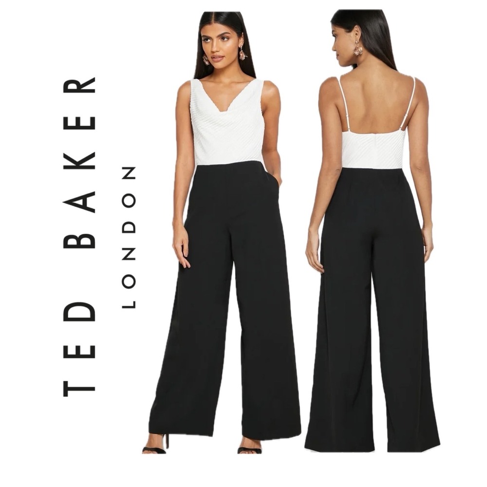 Ted Baker London White Cowl Neck Black Wide Leg Jumpsuit Colorblock Formal Chic
